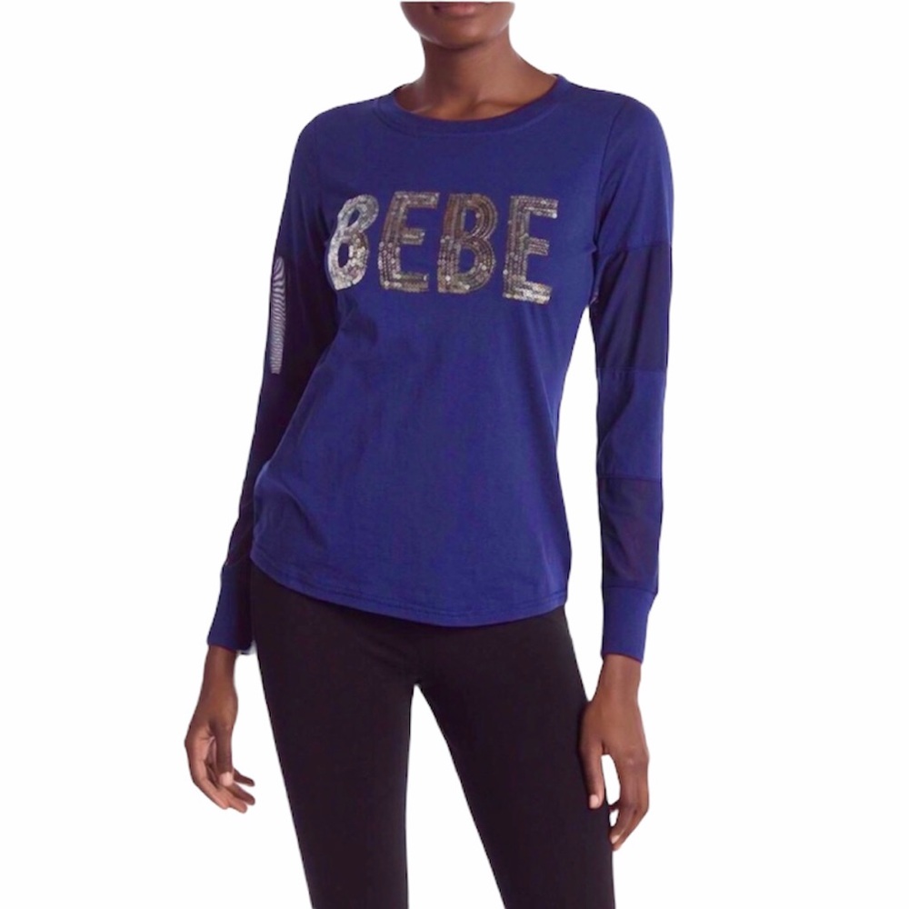 Bebe Navy Blue Sequin Signature Logo Mesh Top